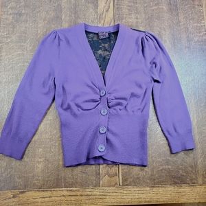 Take out cotton blend purple cardigan with black lacy back